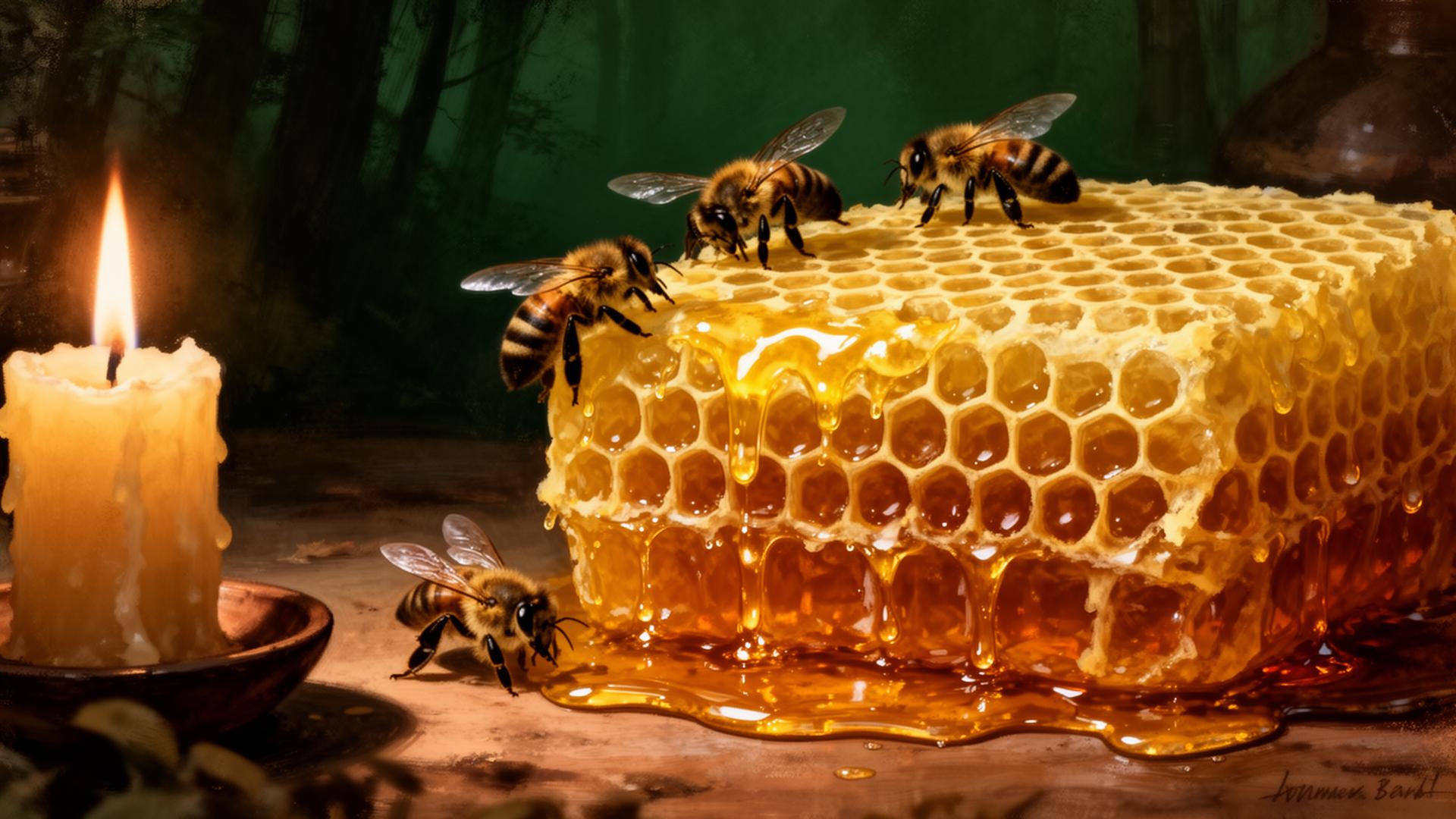 Honeybees on golden honeycomb dripping with amber honey beside a beeswax candle