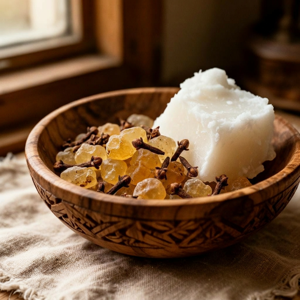 Frankincense resin and raw beef suet in a carved wooden bowl
