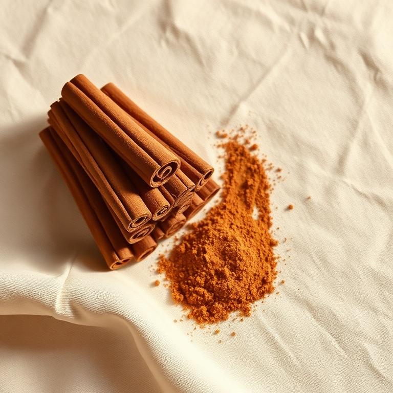 Stack of cinnamon sticks with ground cinnamon powder