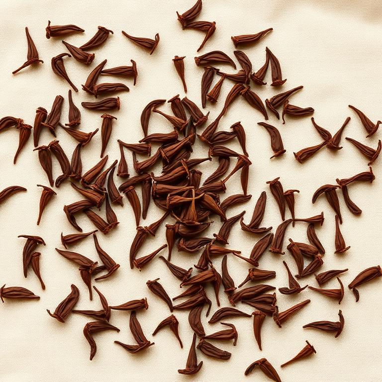 Scattered whole dried clove buds on linen