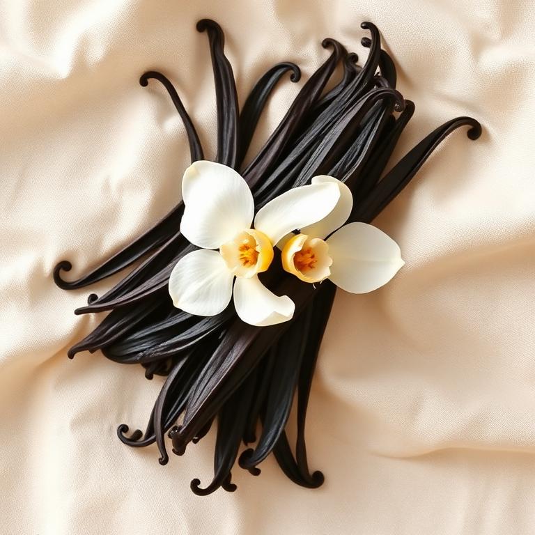 Vanilla bean pods with a white vanilla orchid flower