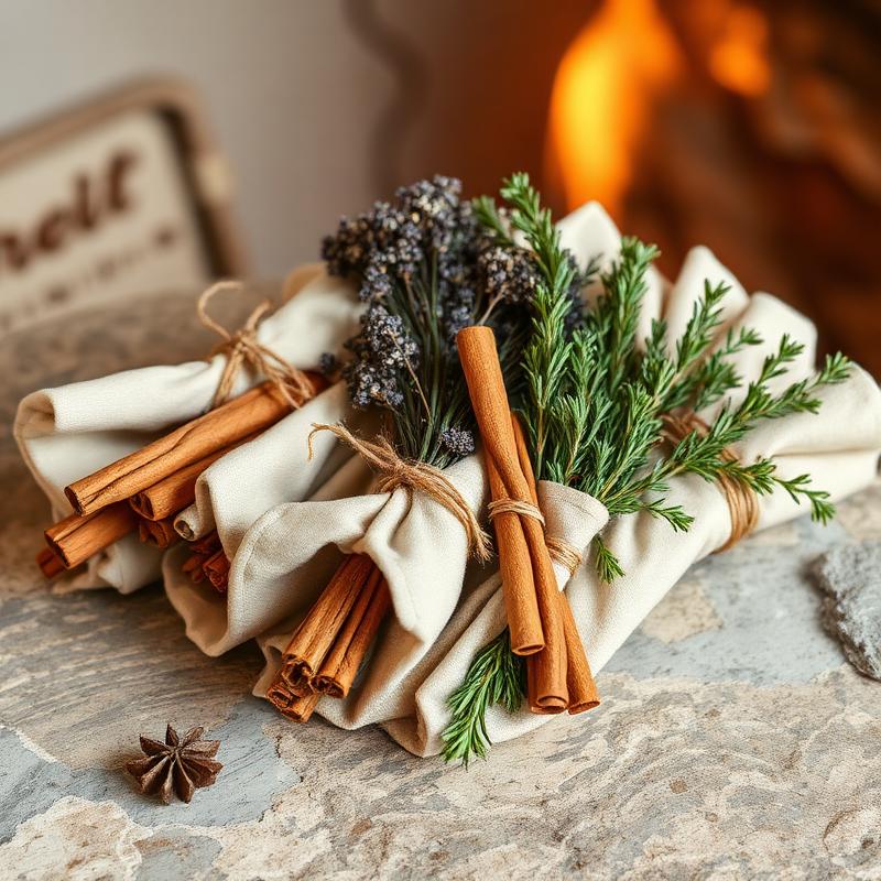 Linen-wrapped herbs and cinnamon